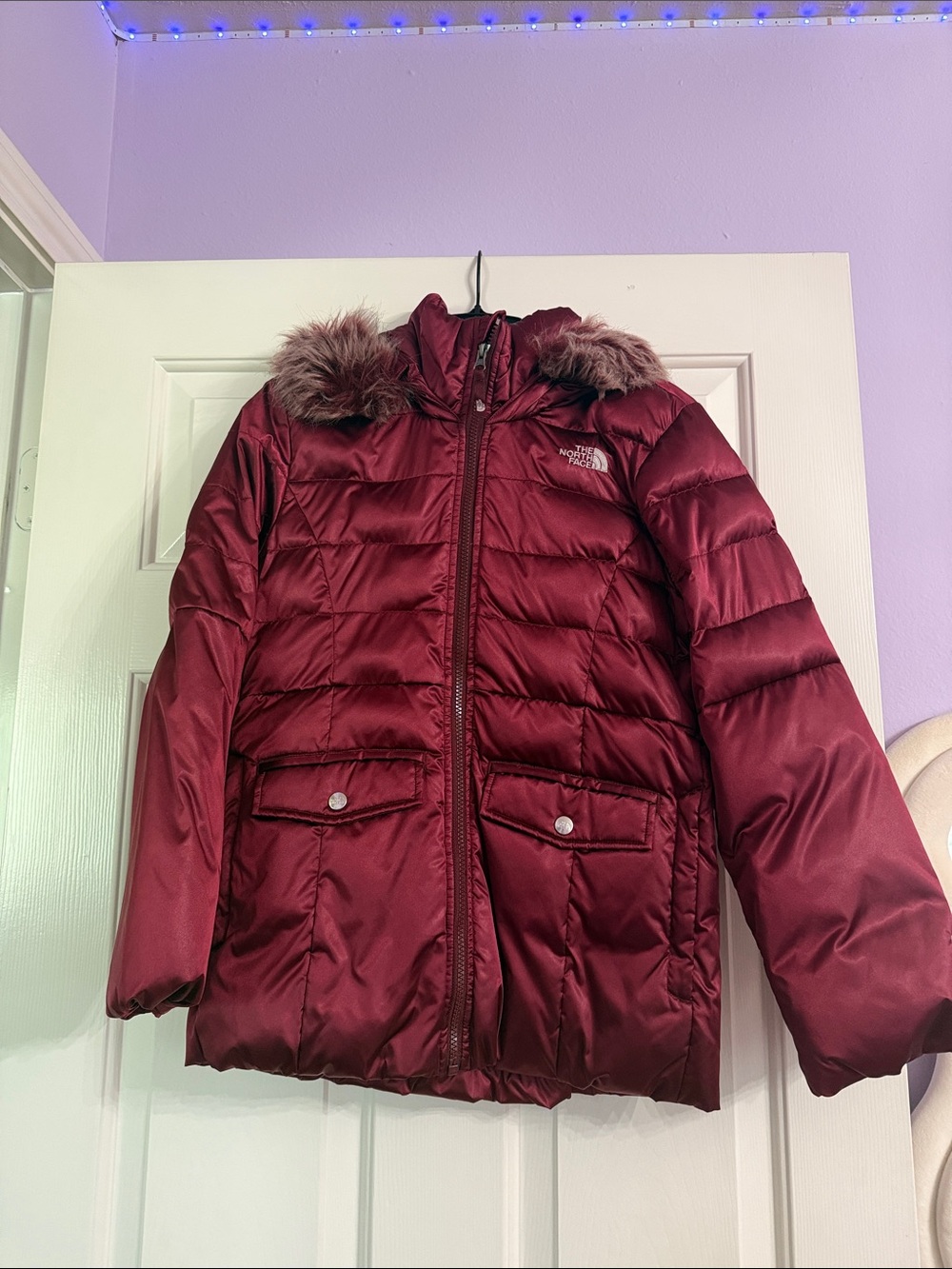 The North Face Girls' Wine Red Faux-Fur Trim Puffer Coat